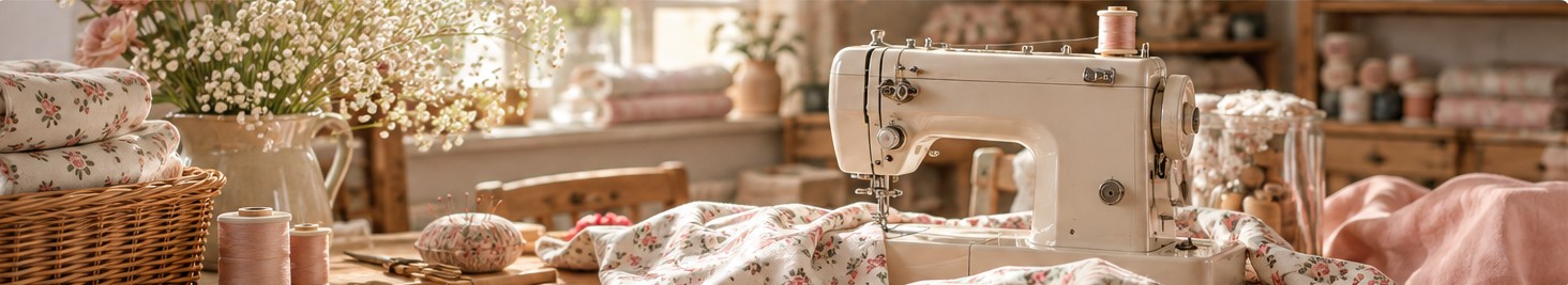 Máquina de costura num atelier com tecidos florais e linhas